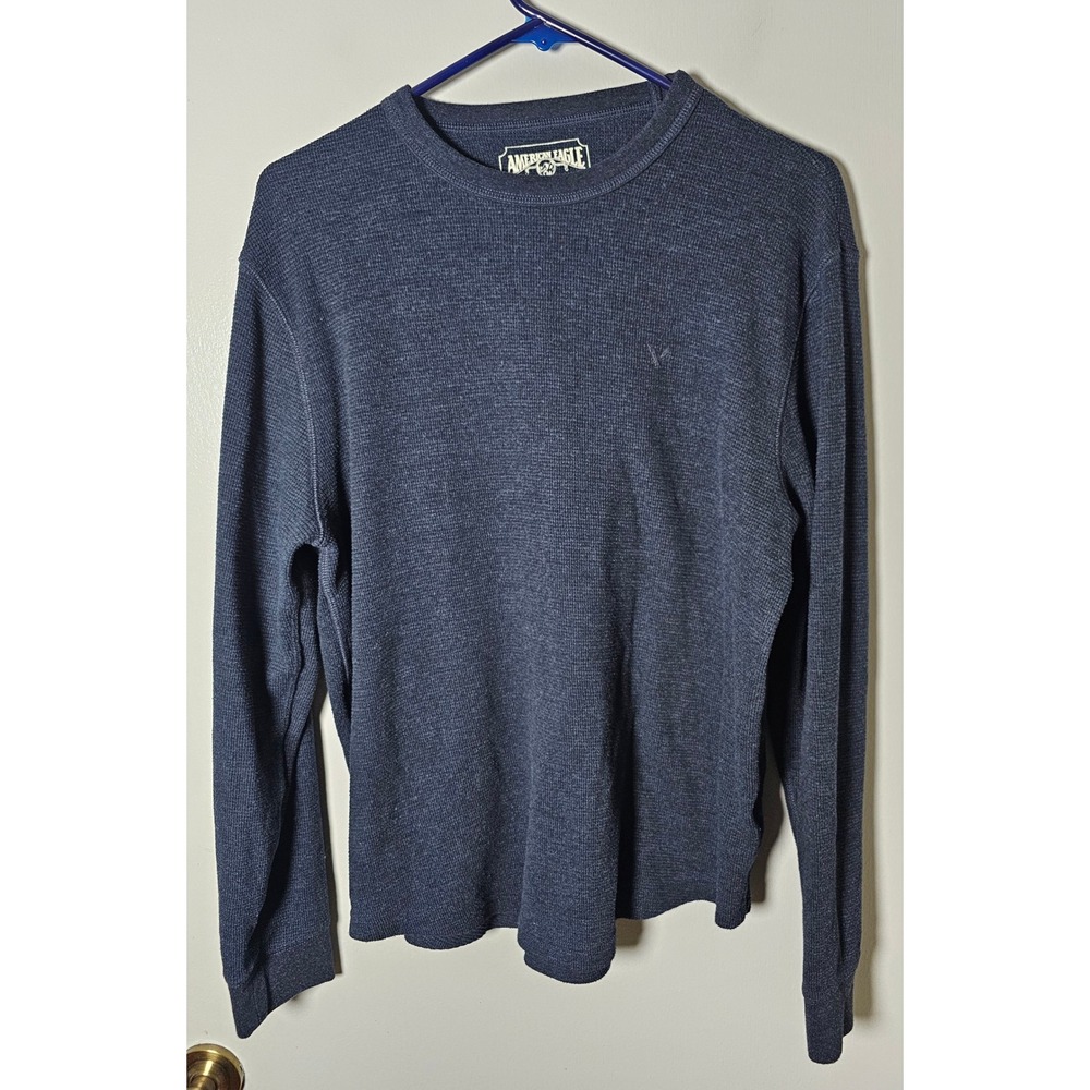 American Eagle Mens Waffle Knit Thermal Long Sleeve Shirt Navy Blue Sz Medium